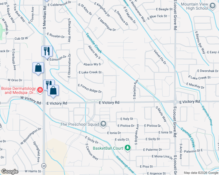 map of restaurants, bars, coffee shops, grocery stores, and more near 3103 South Glacier Bay Way in Meridian