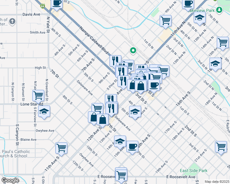 map of restaurants, bars, coffee shops, grocery stores, and more near 407 11th Avenue South in Nampa