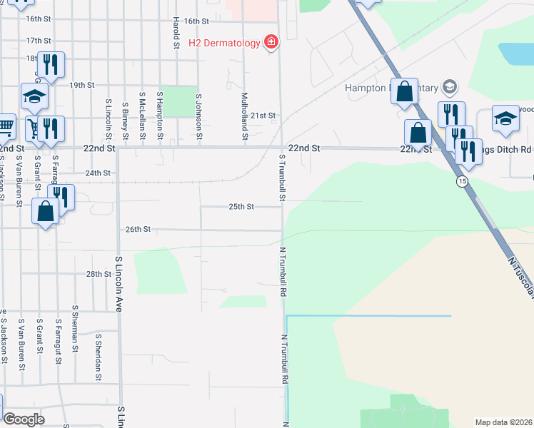 map of restaurants, bars, coffee shops, grocery stores, and more near 2505 26th Street in Bay City