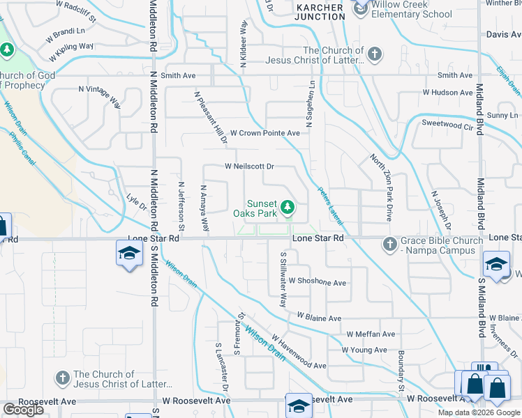 map of restaurants, bars, coffee shops, grocery stores, and more near 2111 West Dew Mist Drive in Nampa