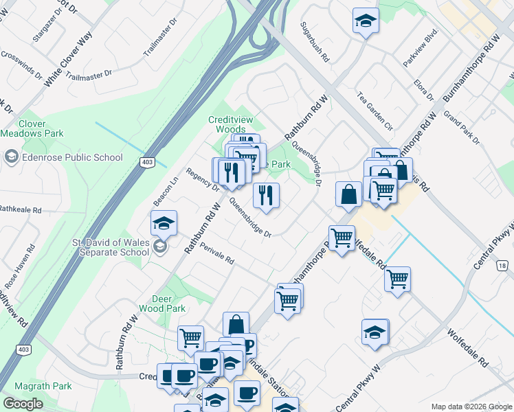 map of restaurants, bars, coffee shops, grocery stores, and more near 4151 Quaker Hill Drive in Mississauga