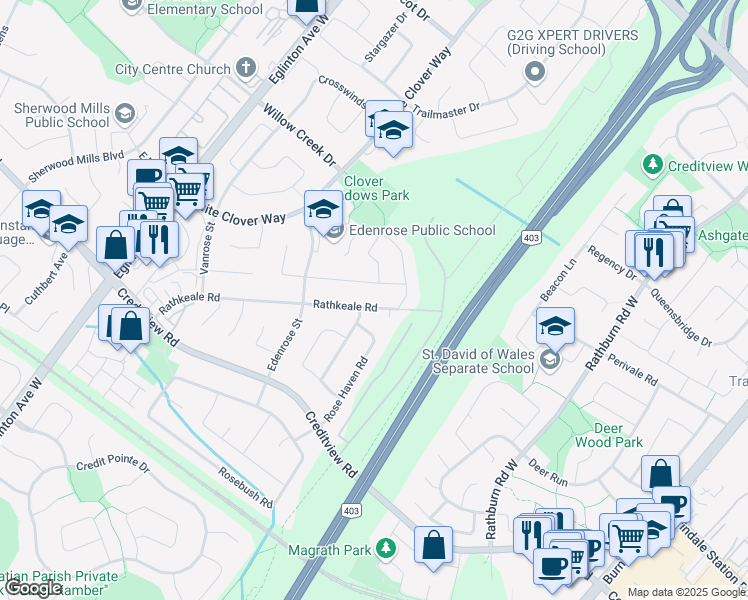 map of restaurants, bars, coffee shops, grocery stores, and more near 4705 Rathkeale Road in Mississauga