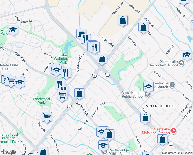 map of restaurants, bars, coffee shops, grocery stores, and more near Leeside Crescent in Mississauga