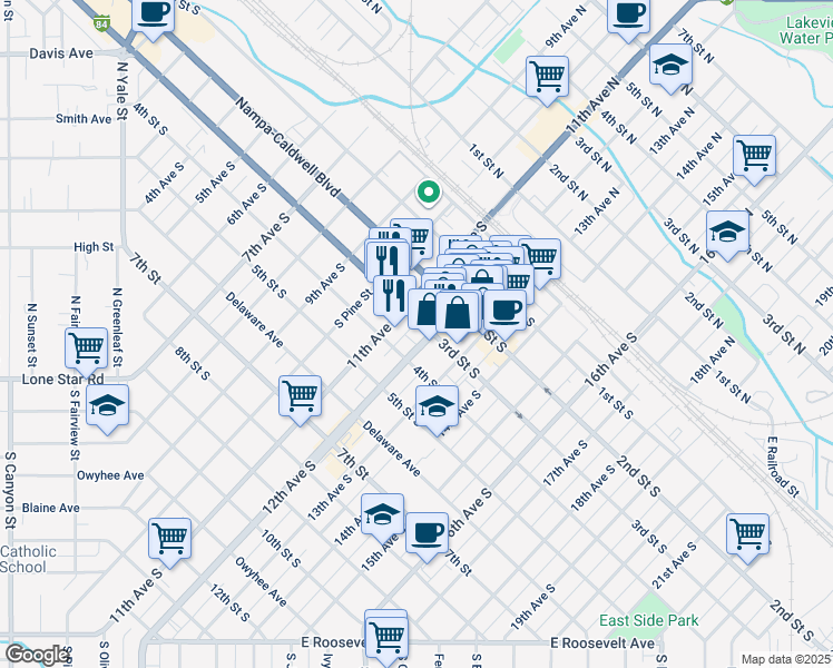 map of restaurants, bars, coffee shops, grocery stores, and more near 1100 3rd Street South in Nampa