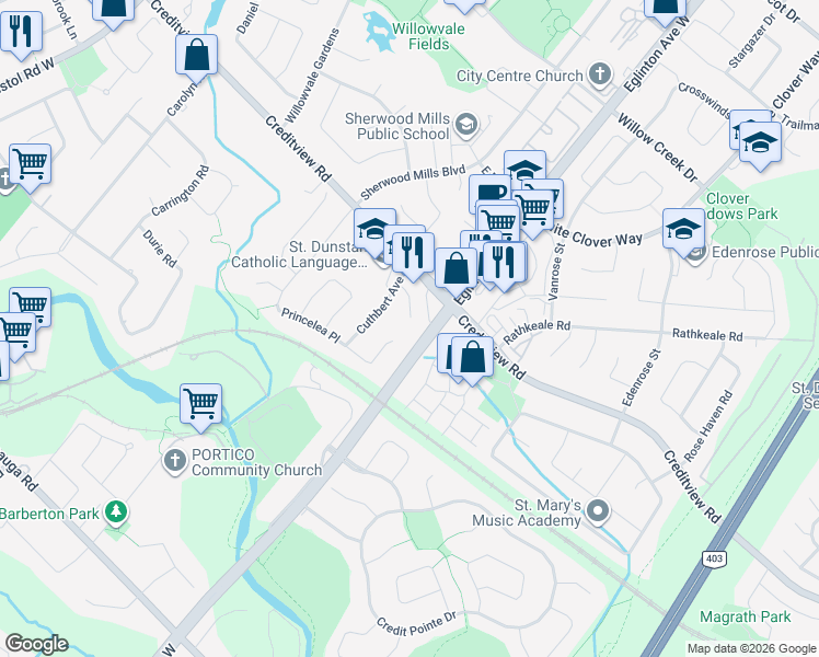 map of restaurants, bars, coffee shops, grocery stores, and more near 1538 Cuthbert Avenue in Mississauga