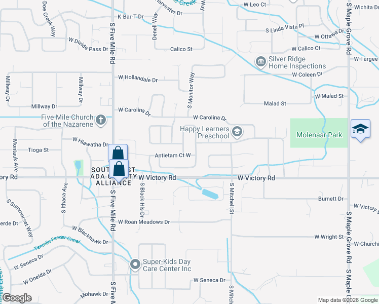 map of restaurants, bars, coffee shops, grocery stores, and more near 2786 South Moultrie Avenue in Boise