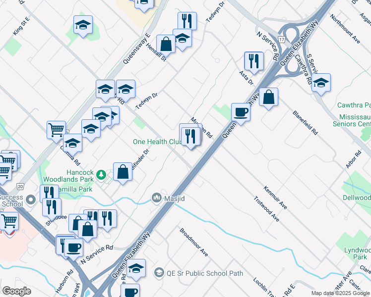 map of restaurants, bars, coffee shops, grocery stores, and more near 354 Ladycroft Terrace in Mississauga