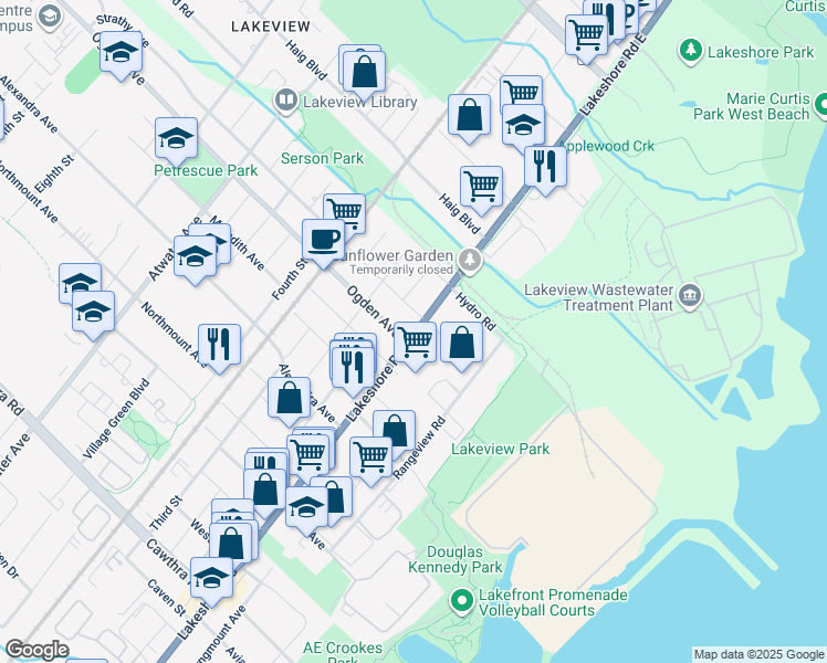 map of restaurants, bars, coffee shops, grocery stores, and more near 1041 Lakeshore Road East in Mississauga
