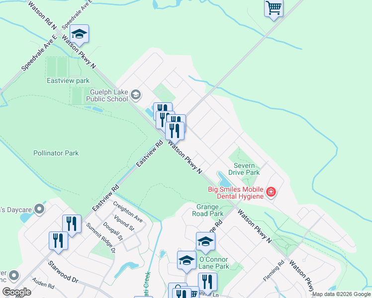 map of restaurants, bars, coffee shops, grocery stores, and more near 425 Watson Parkway North in Guelph