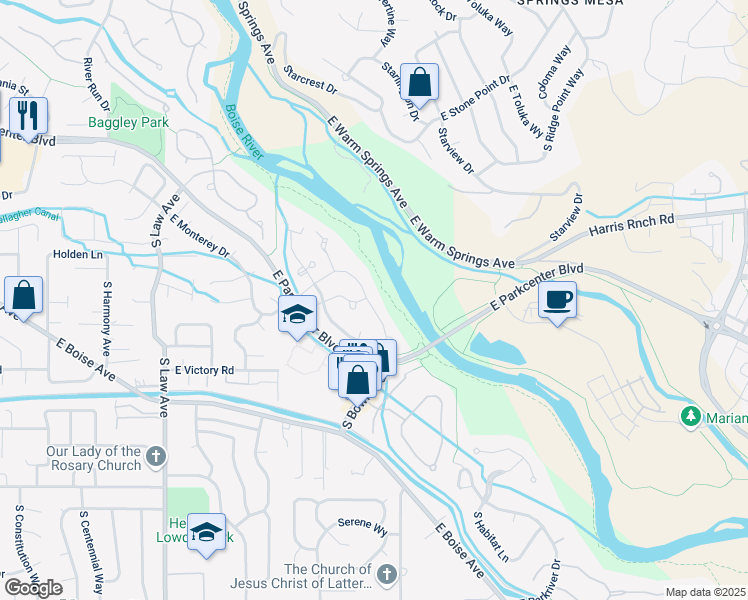 map of restaurants, bars, coffee shops, grocery stores, and more near 2324 East Gossamer Lane in Boise