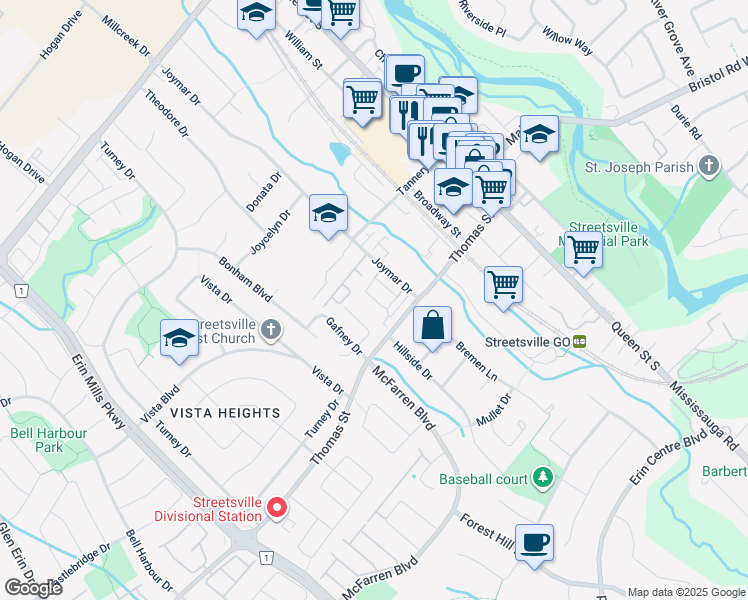 map of restaurants, bars, coffee shops, grocery stores, and more near in Mississauga