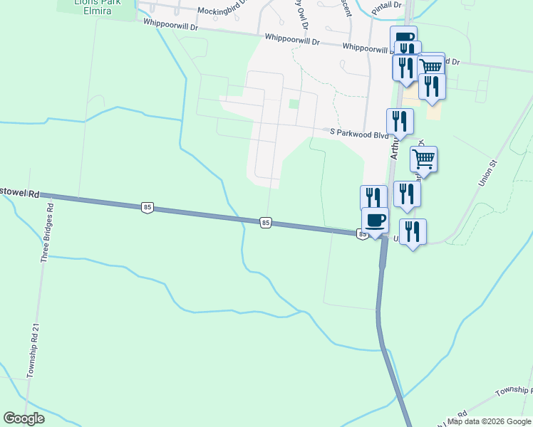 map of restaurants, bars, coffee shops, grocery stores, and more near 1103 Listowel Road in Elmira