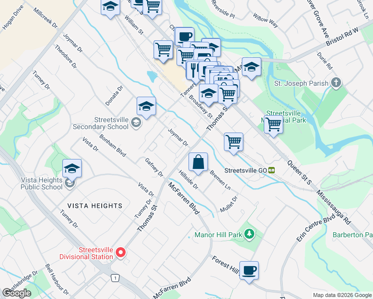 map of restaurants, bars, coffee shops, grocery stores, and more near 70A Thomas Street in Mississauga