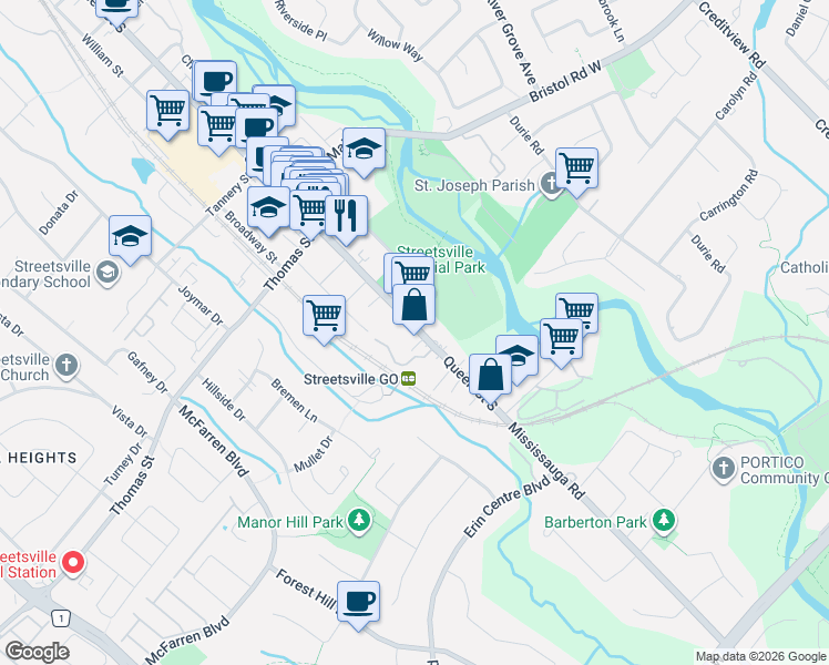 map of restaurants, bars, coffee shops, grocery stores, and more near 326 Queen Street South in Mississauga