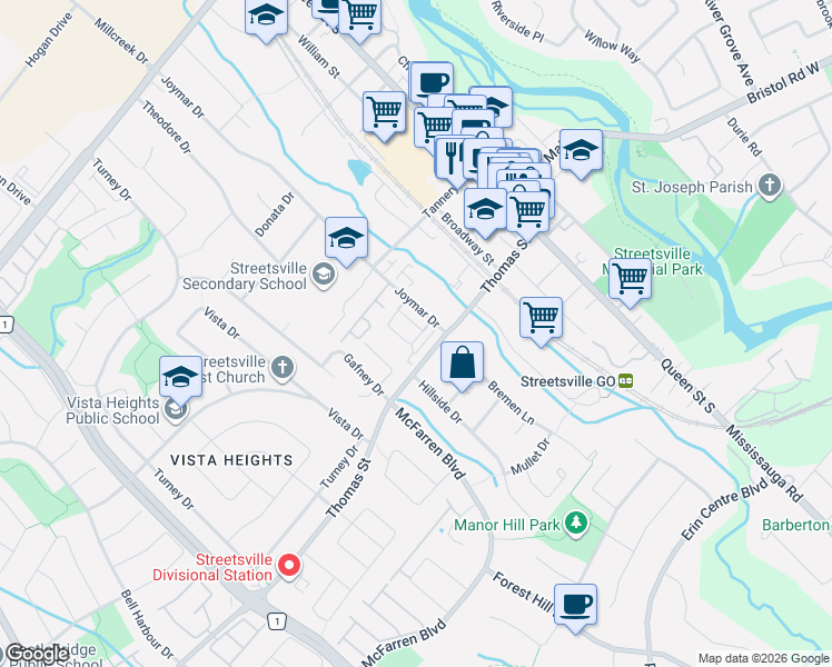 map of restaurants, bars, coffee shops, grocery stores, and more near 15 Lunar Crescent in Mississauga