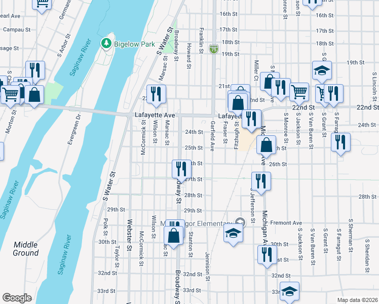 map of restaurants, bars, coffee shops, grocery stores, and more near 912 Broadway Street in Bay City