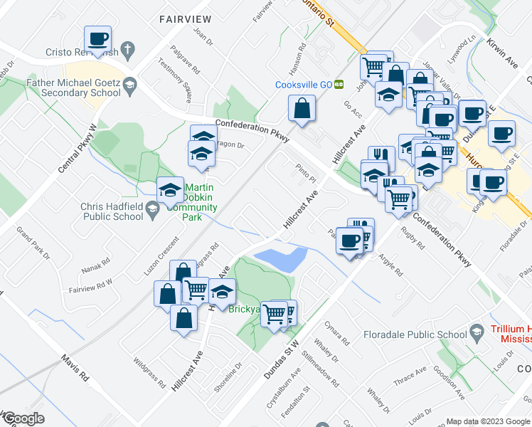 map of restaurants, bars, coffee shops, grocery stores, and more near 3173 High Springs Crescent in Mississauga