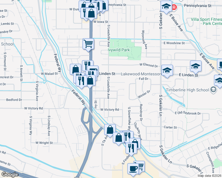 map of restaurants, bars, coffee shops, grocery stores, and more near 703 West Beeson Street in Boise