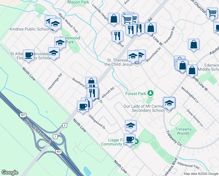 map of restaurants, bars, coffee shops, grocery stores, and more near in Mississauga