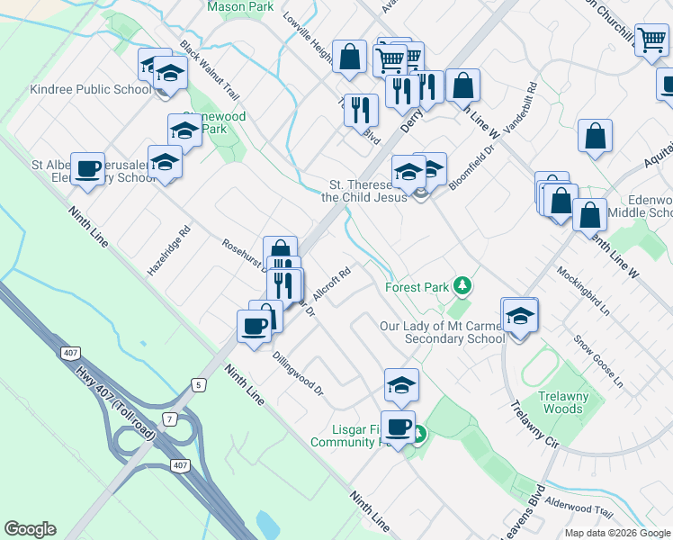 map of restaurants, bars, coffee shops, grocery stores, and more near 3819 Allcroft Road in Mississauga