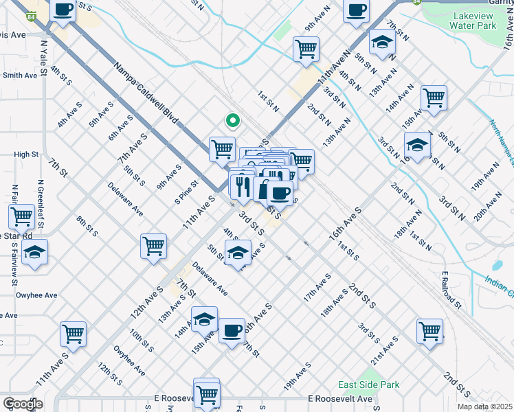 map of restaurants, bars, coffee shops, grocery stores, and more near 1200 2nd Street South in Nampa