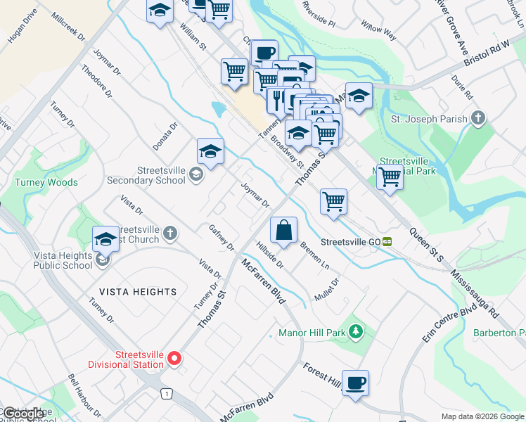 map of restaurants, bars, coffee shops, grocery stores, and more near 10 Lunar Crescent in Mississauga