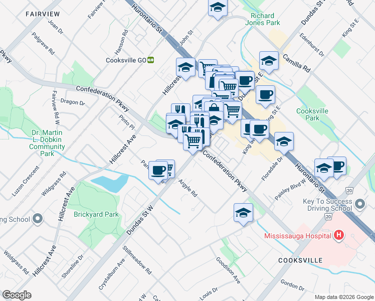 map of restaurants, bars, coffee shops, grocery stores, and more near 165 Dundas Street West in Mississauga