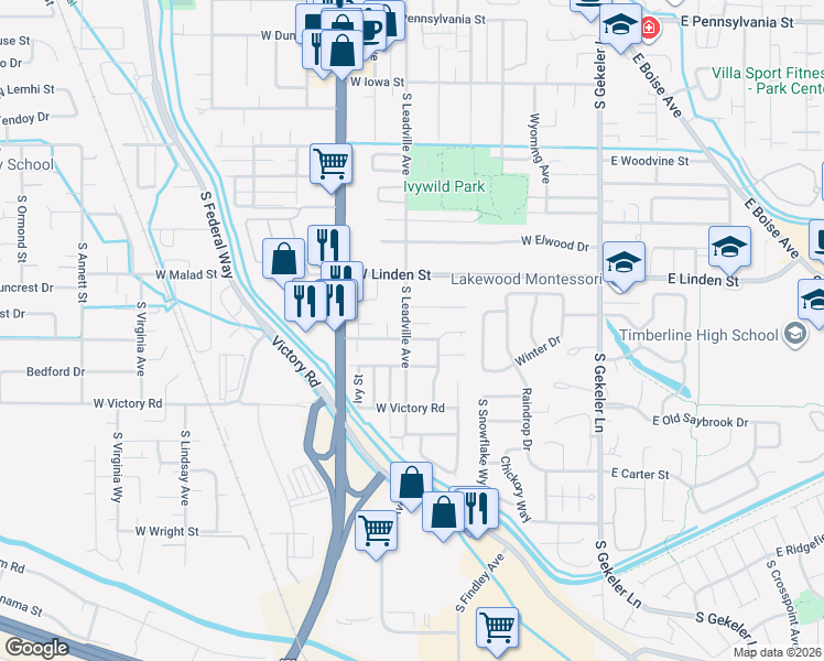 map of restaurants, bars, coffee shops, grocery stores, and more near 2623 South Leadville Avenue in Boise