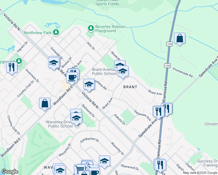 map of restaurants, bars, coffee shops, grocery stores, and more near 5 Algoma Drive in Guelph