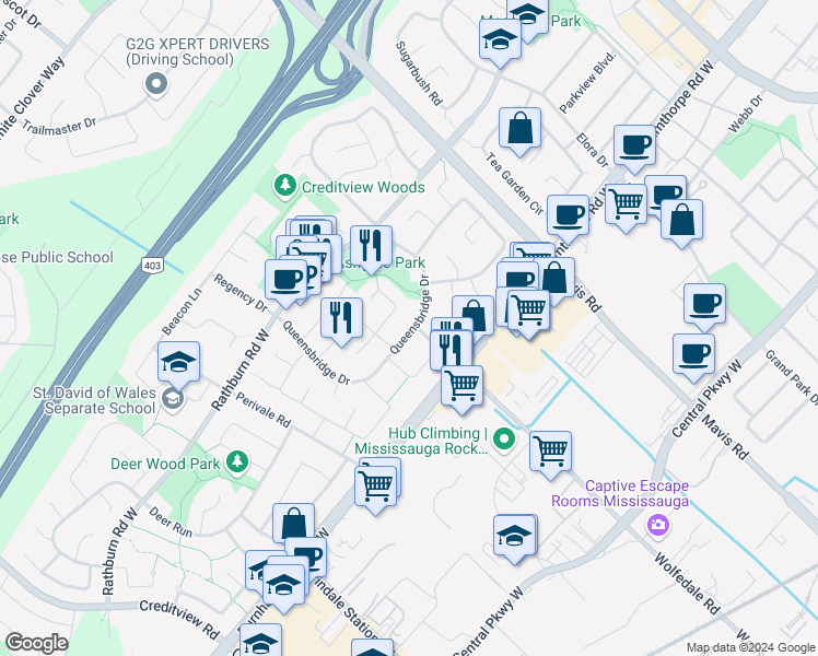 map of restaurants, bars, coffee shops, grocery stores, and more near 837 Queensbridge Drive in Mississauga