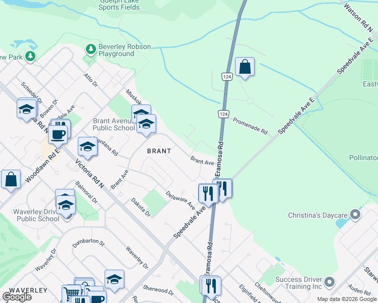 map of restaurants, bars, coffee shops, grocery stores, and more near 2 Shakespeare Drive in Guelph