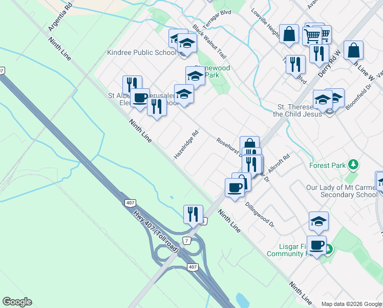 map of restaurants, bars, coffee shops, grocery stores, and more near 3843 Densbury Drive in Mississauga