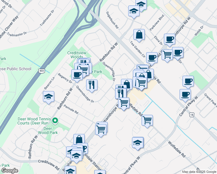 map of restaurants, bars, coffee shops, grocery stores, and more near 837 Queensbridge Drive in Mississauga