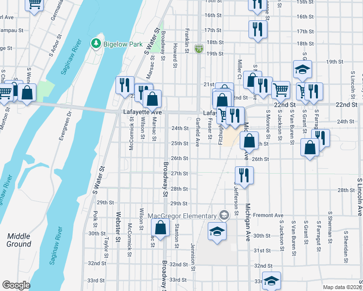 map of restaurants, bars, coffee shops, grocery stores, and more near 317 Stanton Street in Bay City