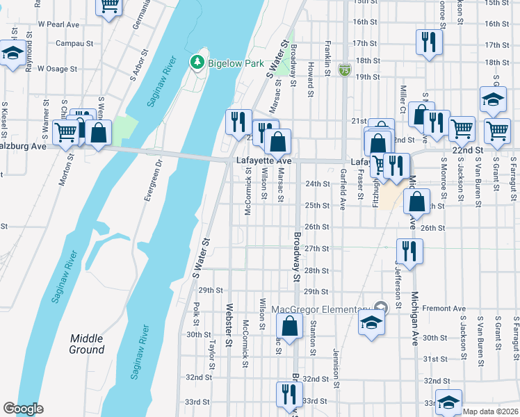 map of restaurants, bars, coffee shops, grocery stores, and more near 309 McCormick Street in Bay City