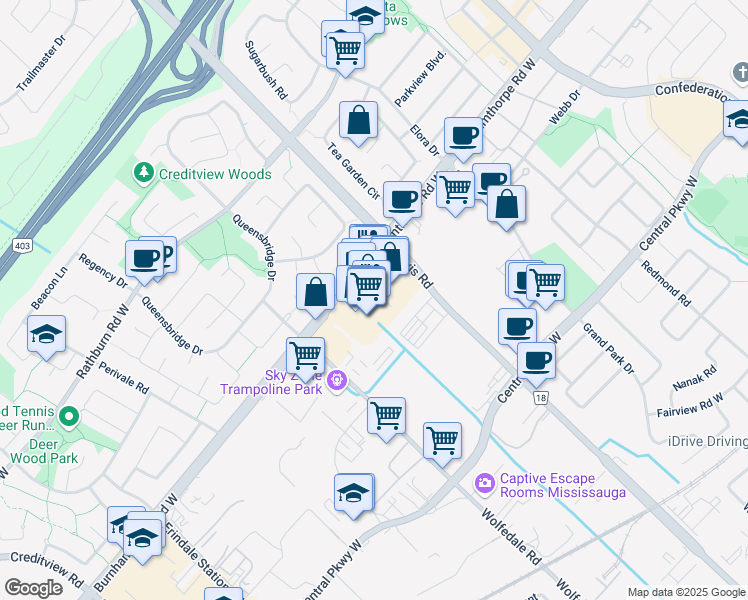 map of restaurants, bars, coffee shops, grocery stores, and more near 720 Burnhamthorpe Road West in Mississauga