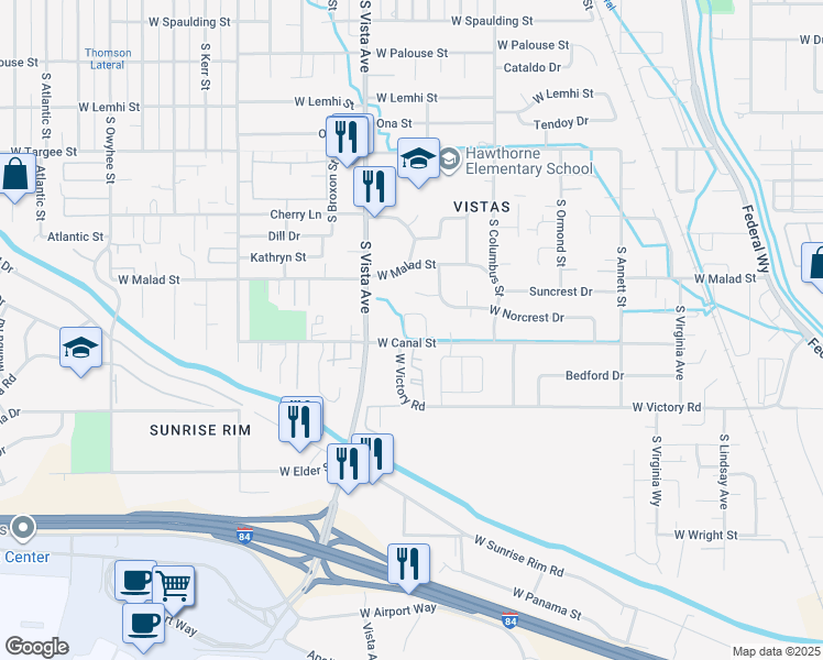 map of restaurants, bars, coffee shops, grocery stores, and more near 2430 West Canal Street in Boise