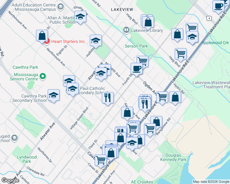 map of restaurants, bars, coffee shops, grocery stores, and more near 1142 Alexandra Avenue in Mississauga