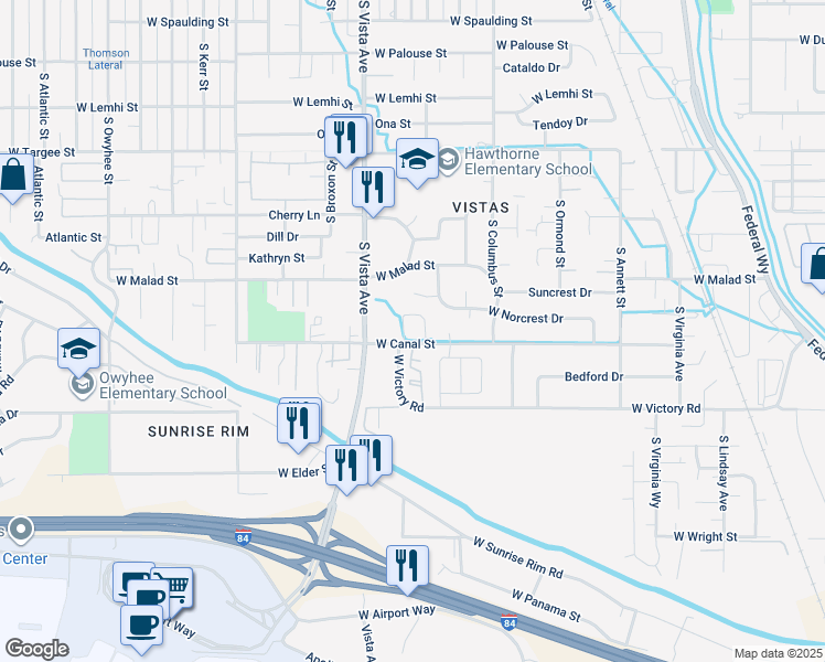 map of restaurants, bars, coffee shops, grocery stores, and more near 2450 West Canal Street in Boise