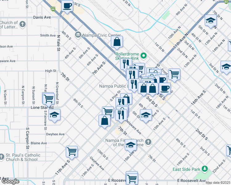 map of restaurants, bars, coffee shops, grocery stores, and more near 420 9th Avenue South in Nampa