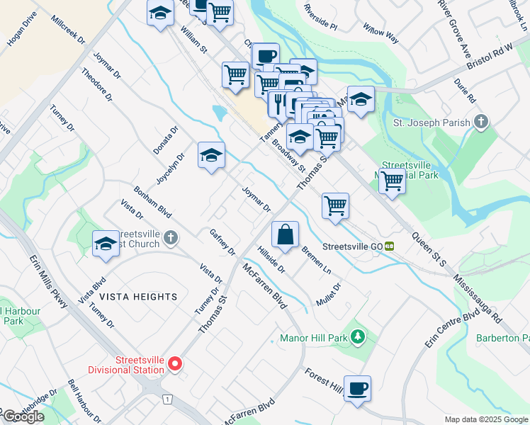 map of restaurants, bars, coffee shops, grocery stores, and more near in Mississauga