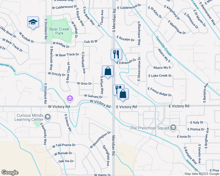 map of restaurants, bars, coffee shops, grocery stores, and more near 2985 South Meridian Road in Meridian