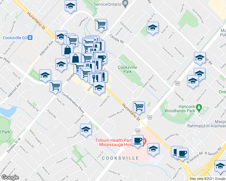 map of restaurants, bars, coffee shops, grocery stores, and more near 2465 Hurontario Street in Mississauga