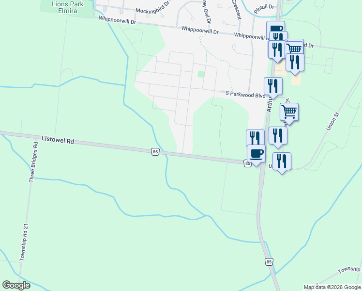 map of restaurants, bars, coffee shops, grocery stores, and more near 1103 Listowel Road in Elmira