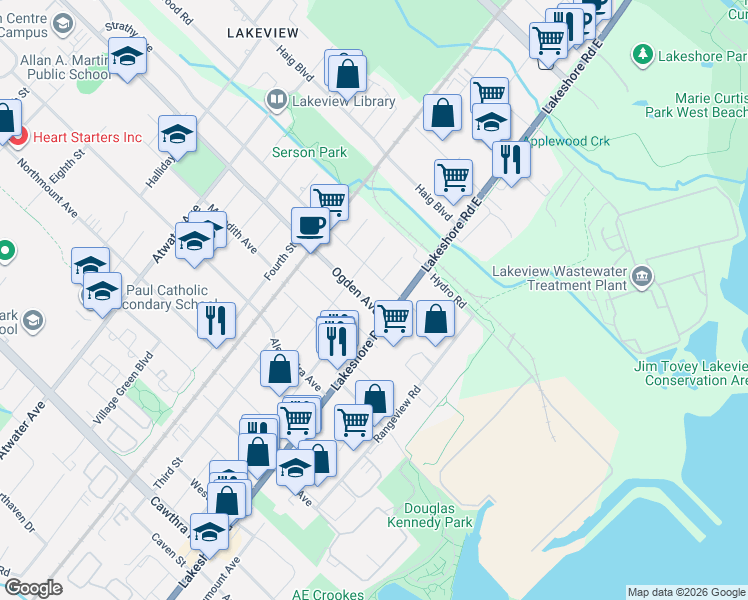 map of restaurants, bars, coffee shops, grocery stores, and more near 1019 Ogden Avenue in Mississauga