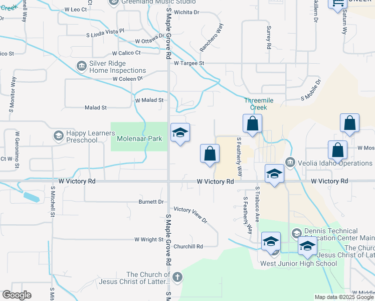map of restaurants, bars, coffee shops, grocery stores, and more near 2800 South Maple Grove Road in Boise