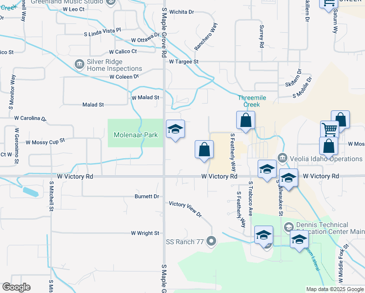 map of restaurants, bars, coffee shops, grocery stores, and more near 2800 South Maple Grove Road in Boise