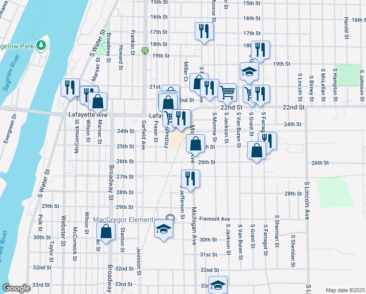 map of restaurants, bars, coffee shops, grocery stores, and more near 1001 25th Street in Bay City