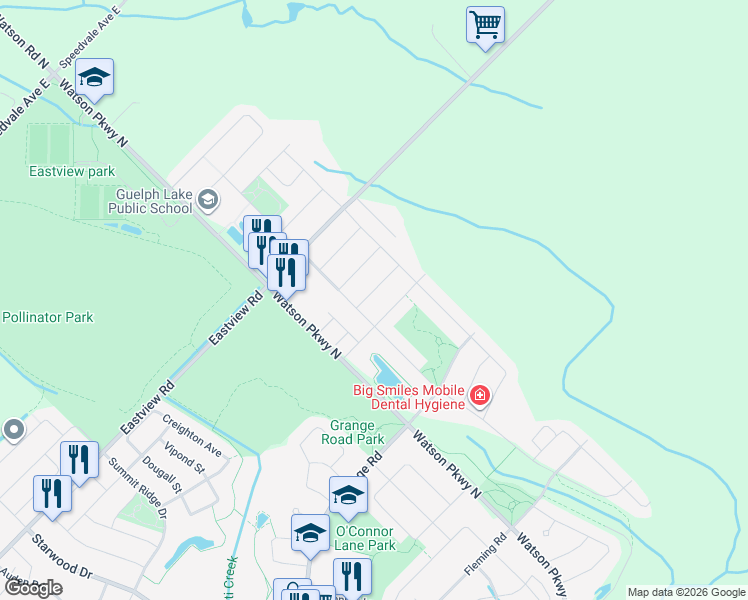 map of restaurants, bars, coffee shops, grocery stores, and more near 11 Warren Street in Guelph