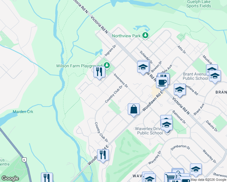 map of restaurants, bars, coffee shops, grocery stores, and more near 212 Country Club Drive in Guelph